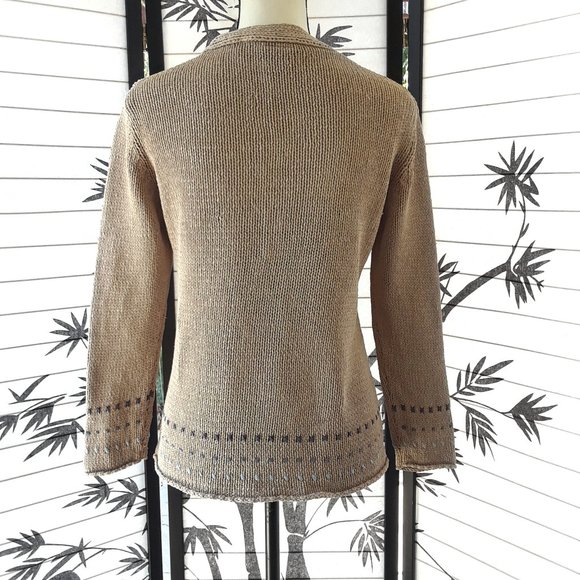 J. Jill 100% Silk Tan and Blue V Neck Knit Cardigan Sweater Size S - Picture 5 of 14